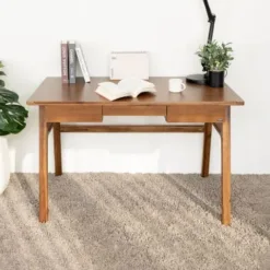 Mid-Century Modern Wood Office Desk with 2 Drawers - Dark Walnut