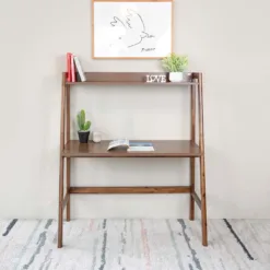 Modern Ladder Desk / Leaning Desk with Shelf - Dark Wood