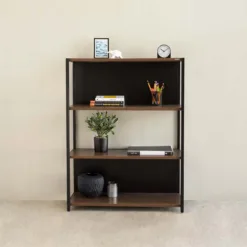 Modern 3-Tier Bookcase / Storage Shelf - Dark Wood & Black Metal